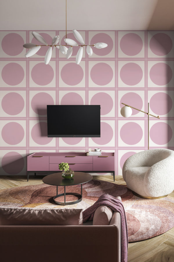 salon rose papier peint mosaïque cercles pastel géométrique grille