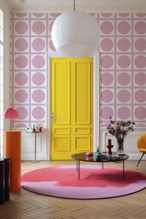 Sala de estar rosa papel pintado mosaico círculos pastel cuadrícula geométrica
