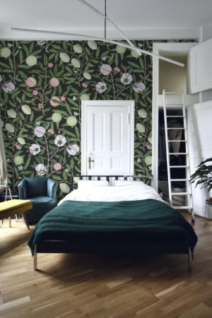 dormitorio papel pintado negro fantasia frutal panoramico planta naturaleza