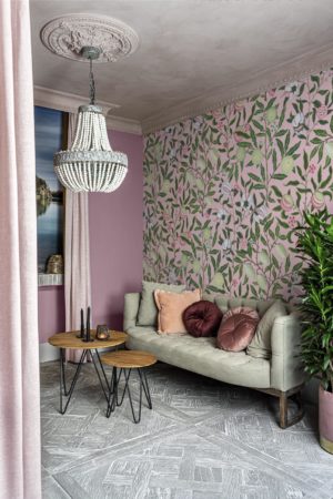 salon rose papier peint fantaisie fruitée panoramique végétal nature