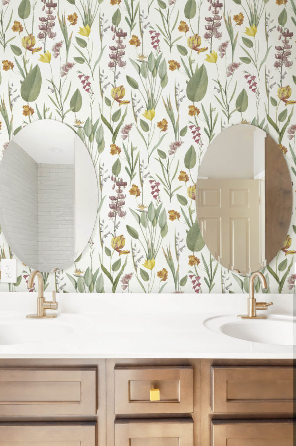 salle de bain blanche papier peint botanique chic floral végétal nature panoramique