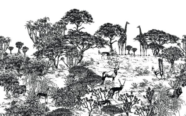 motif noir & blanc papier peint évasion savane panoramique animaux végétation