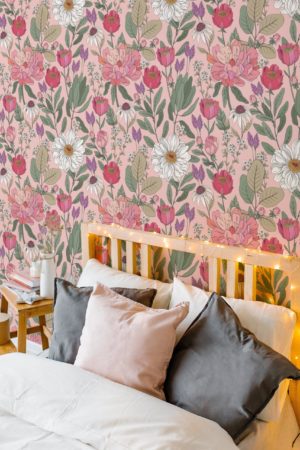 chambre rose papier peint fleurs délicates panoramique printemps dessinées main