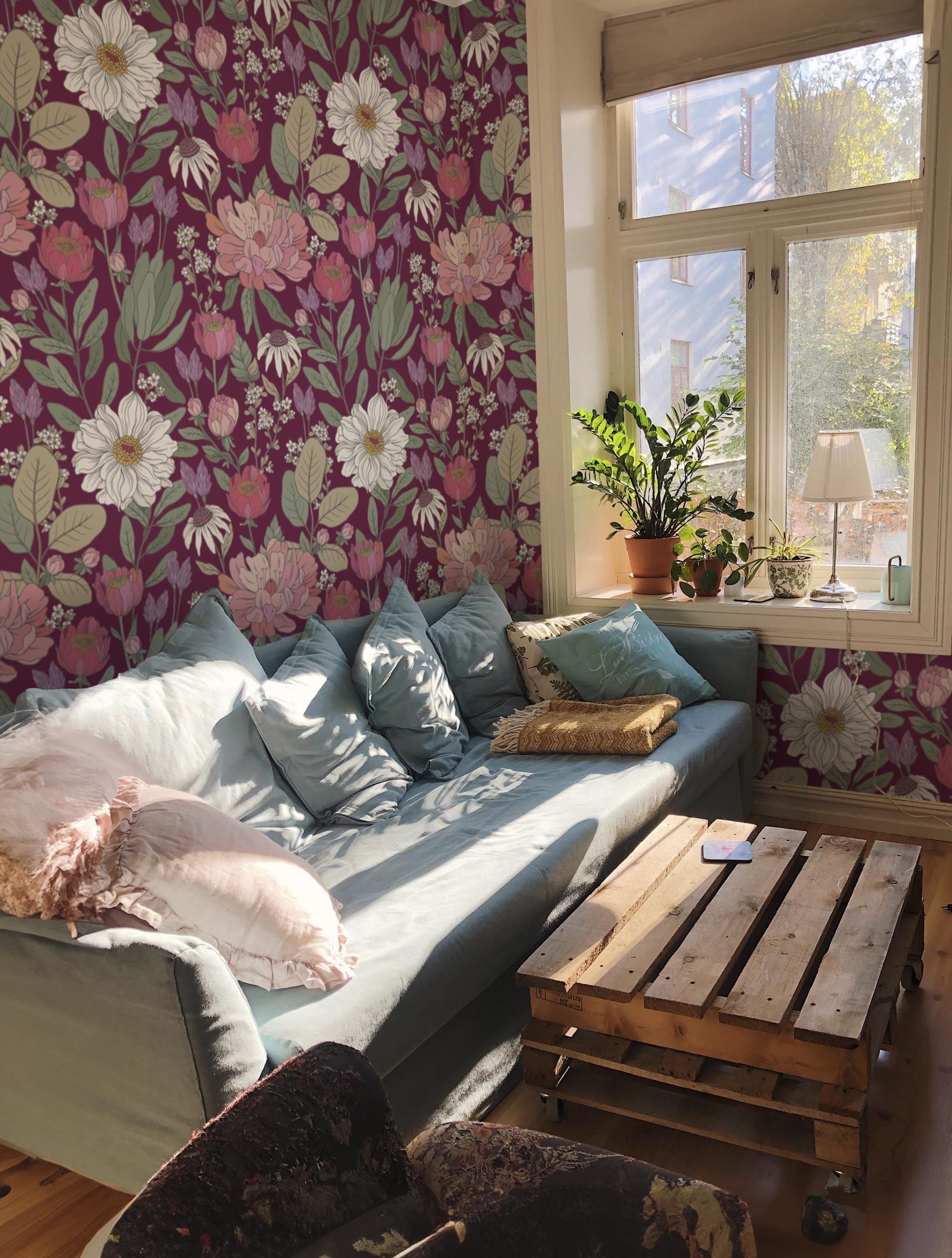 salon violet papier peint fleurs délicates panoramique printemps dessinées main