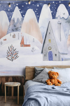 dormitorio noche papel pintado pueblo nevado panorámica niño