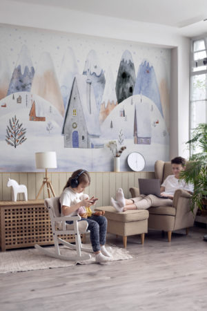salon matin papier peint village enneigé panoramique enfant