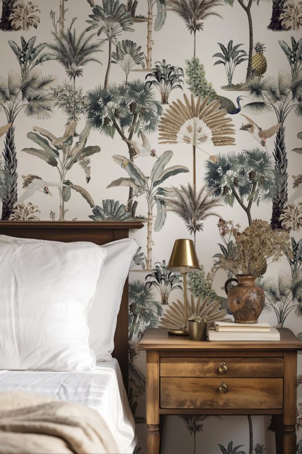 chambre papier peint botanique tropicale panoramique végétal oiseaux arbres