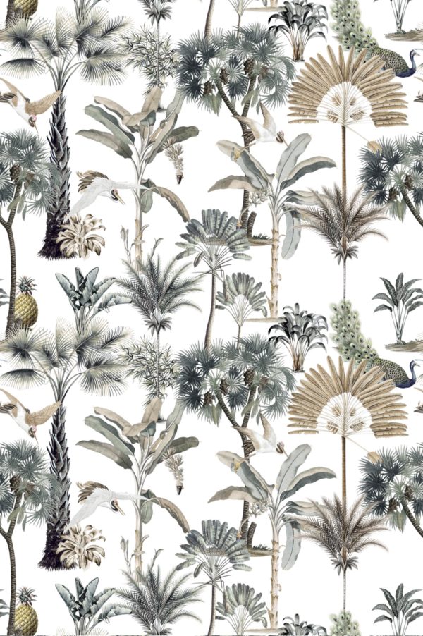 motif papier peint botanique tropicale panoramique végétal oiseaux arbres