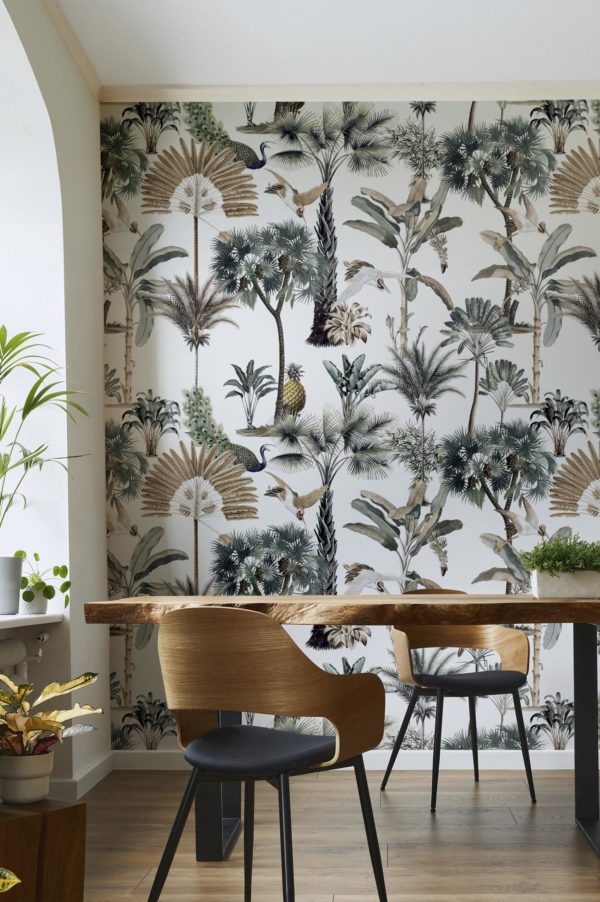 papel pintado salon botanico tropical panoramico planta pajaros arboles