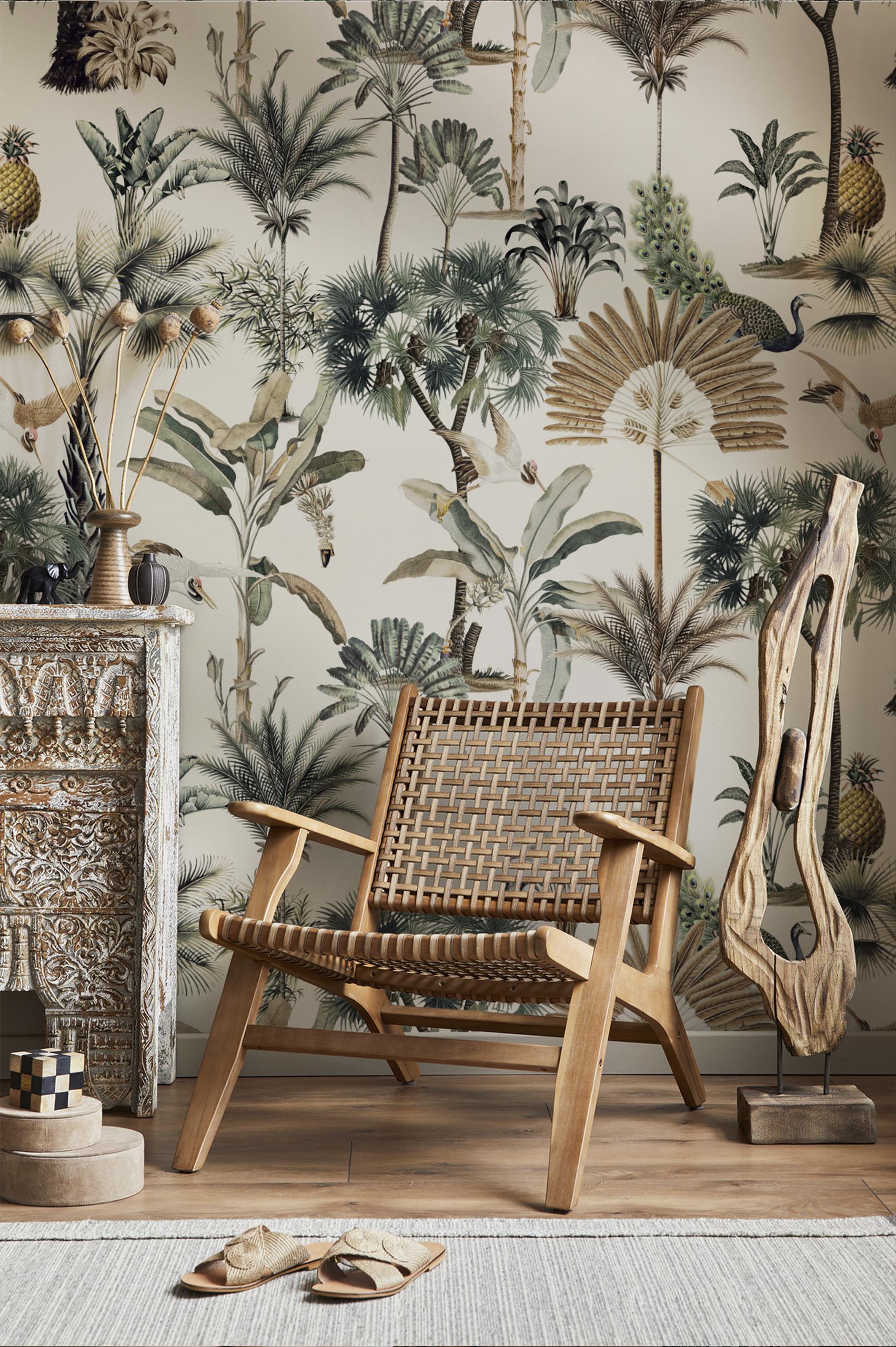 salon papier peint botanique tropicale panoramique végétal oiseaux arbres