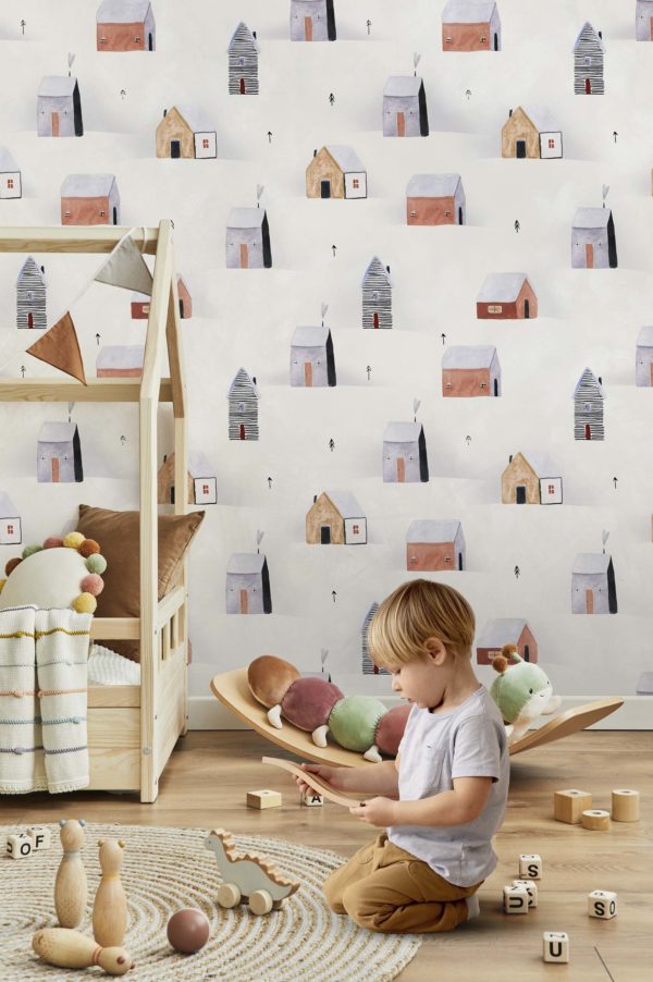 papel pintado dormitorio infantil village en hiver maisonnette blanc sapin