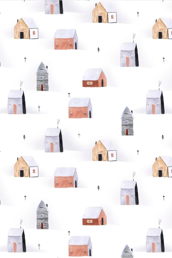 papel pintado infantil pueblo en invierno casita abeto blanco