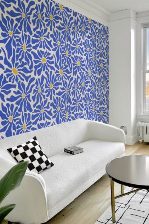 salon bleu papier peint fleurs hippie