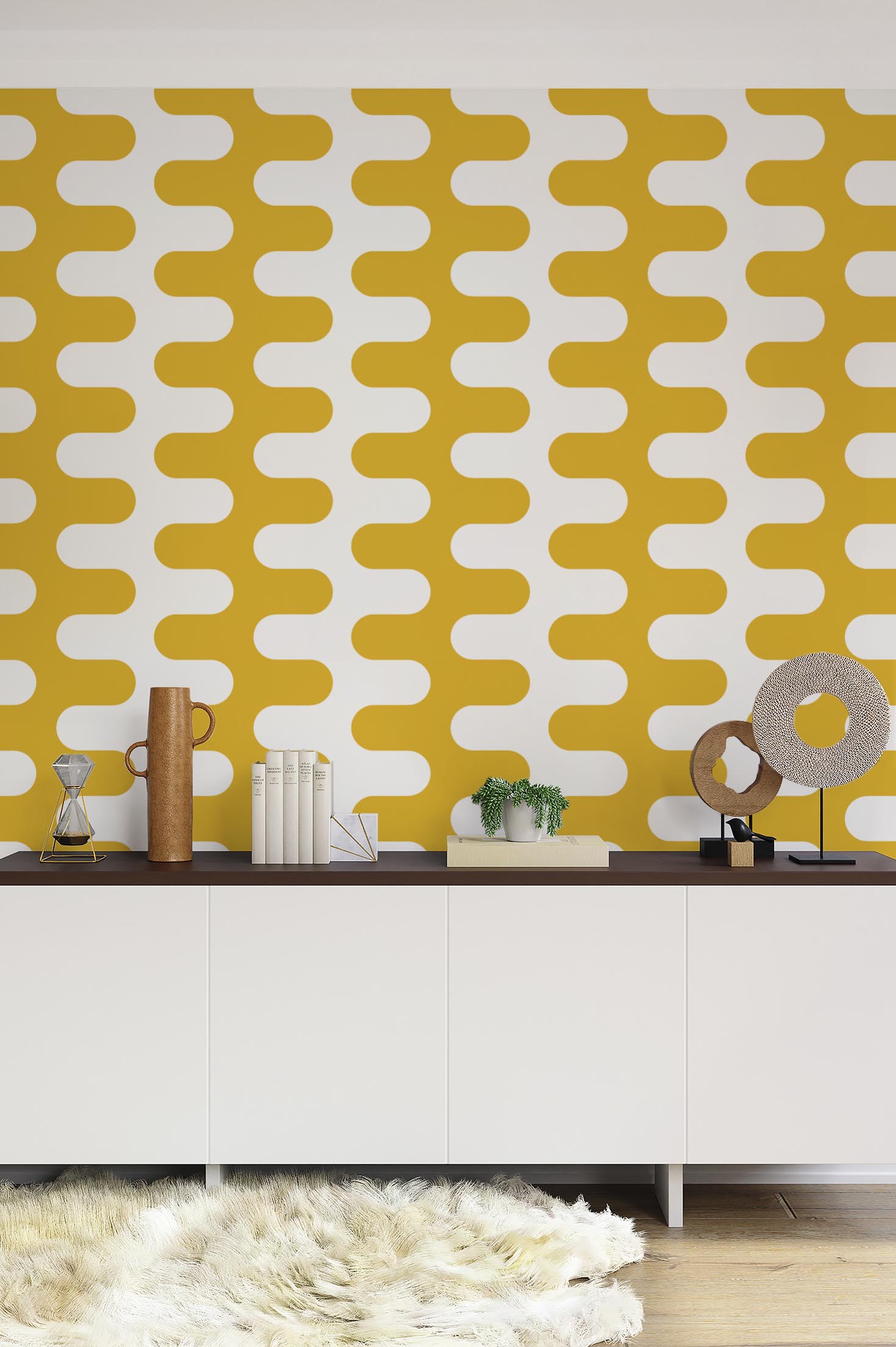 salon jaune papier peint courbes colorées pop vintage retro
