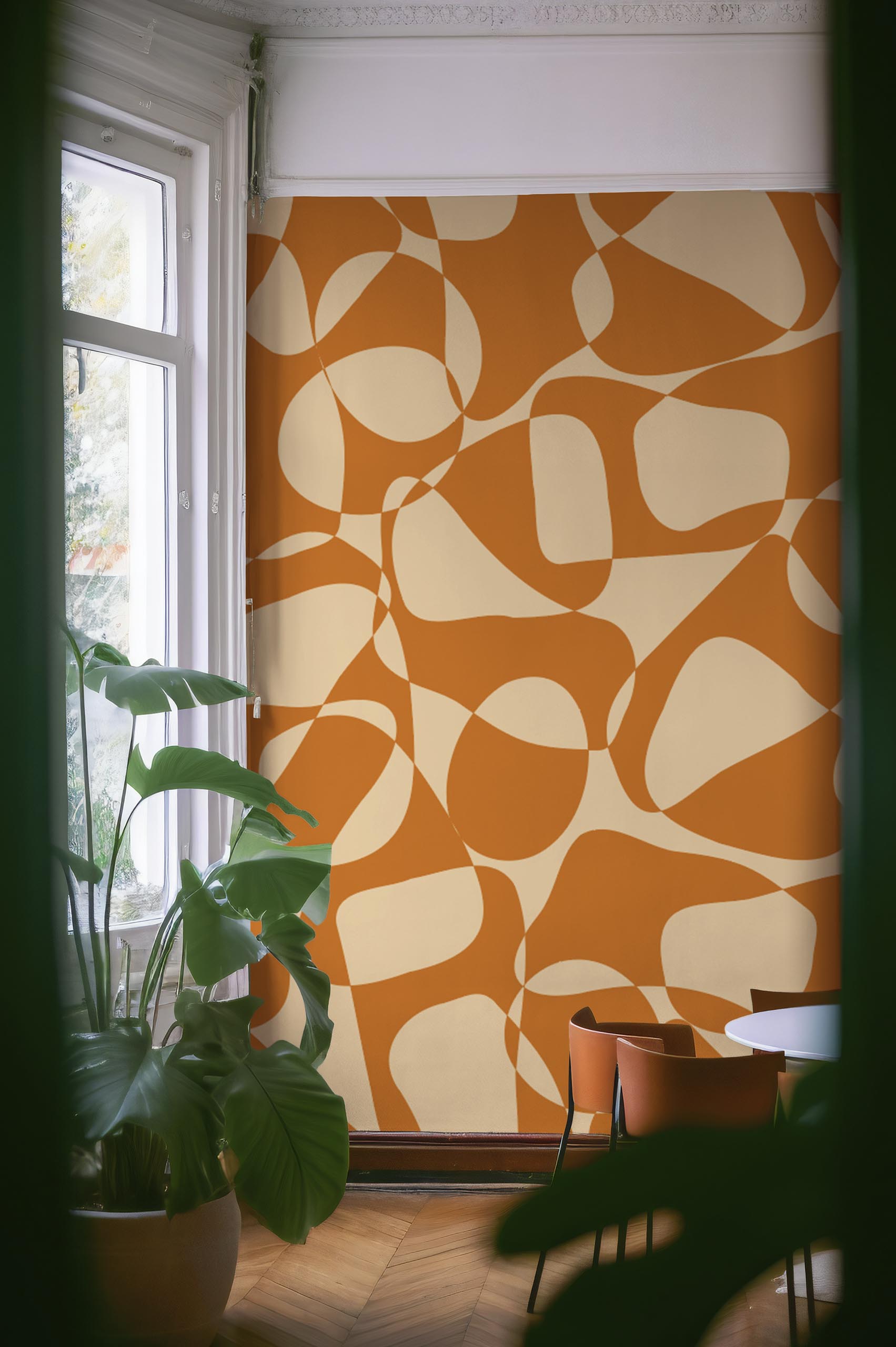 espace public orange papier peint formes organiques bicolores géométrique
