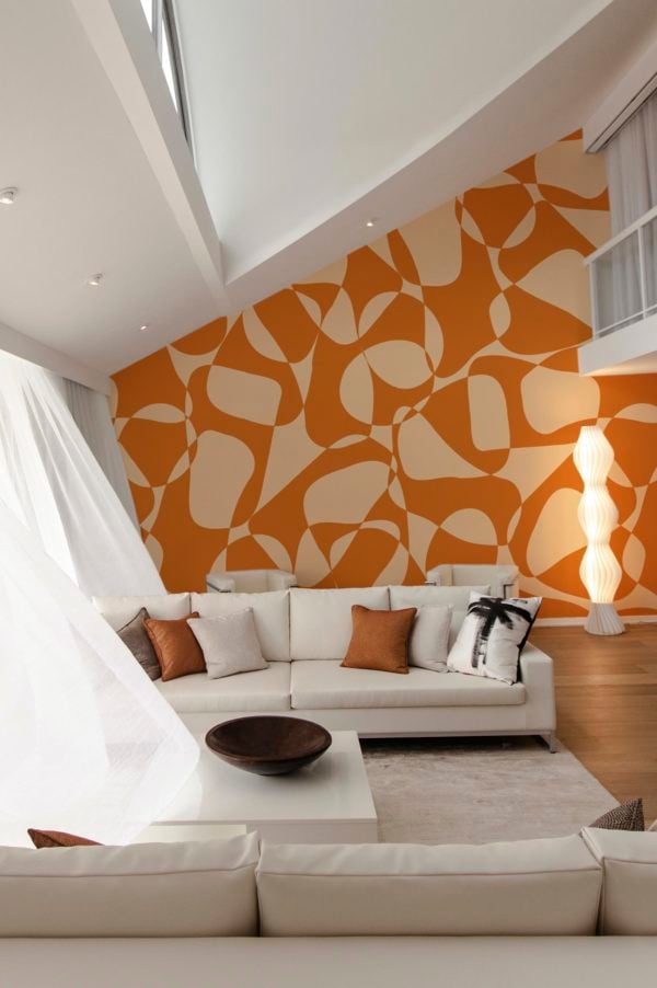 salon orange papier peint formes organiques bicolores géométrique