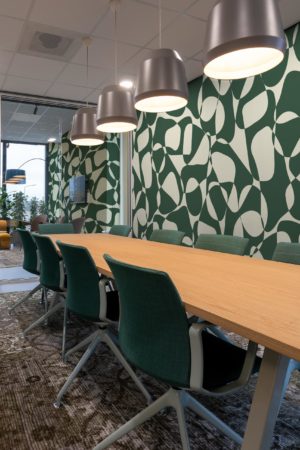 bureau vert papier peint formes organiques bicolores géométrique
