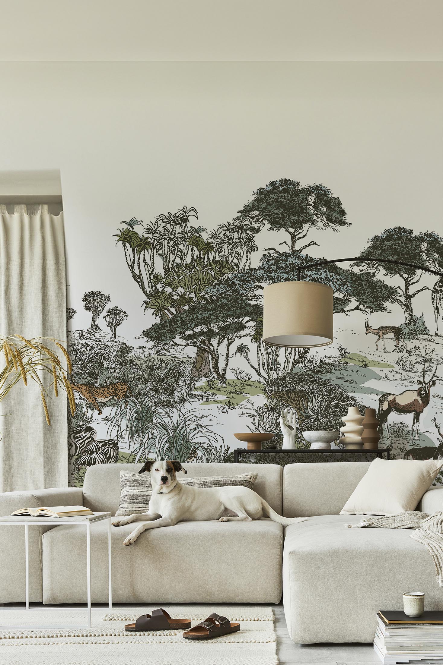 salon coloré papier peint évasion savane panoramique animaux végétation