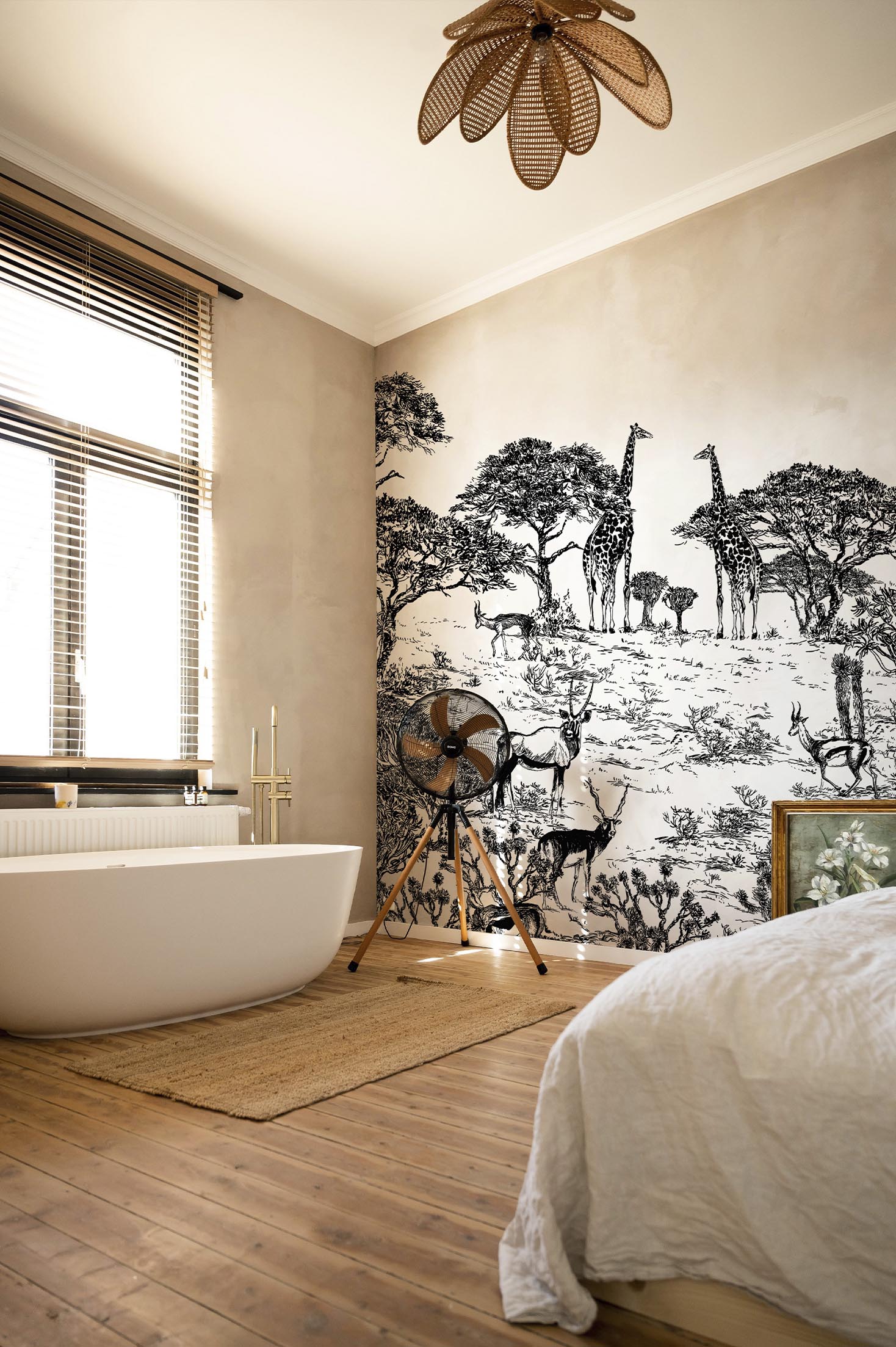 salle de bain coloré papier peint évasion savane panoramique animaux végétation