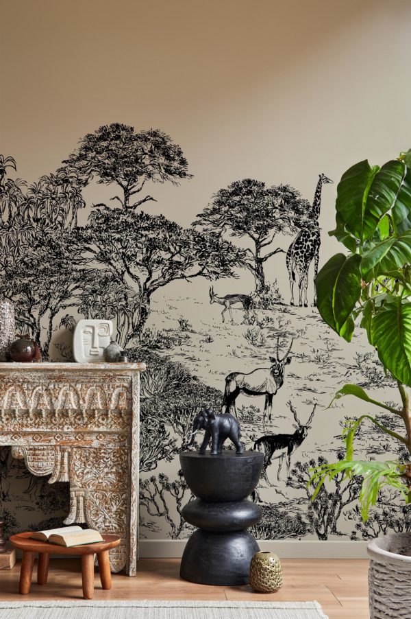 salon coloré papier peint évasion savane panoramique animaux végétation