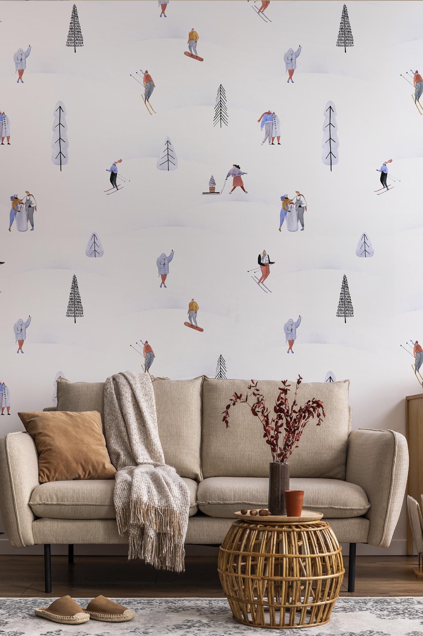 salon papier peint escapade neigeuse ski enfant