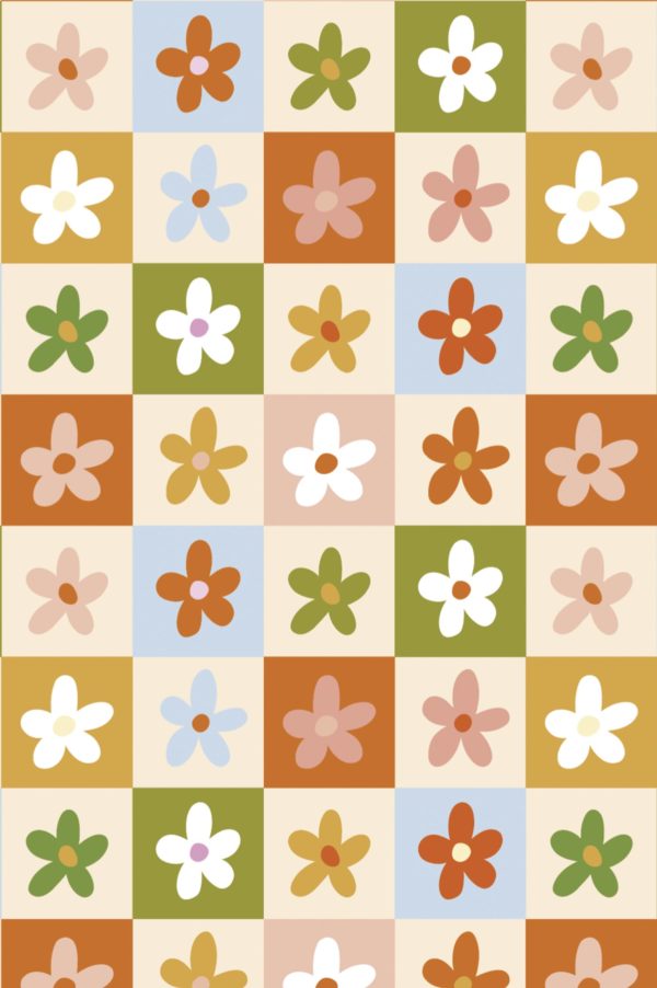 motif multicolore papier peint damier floral végétal pop tendance