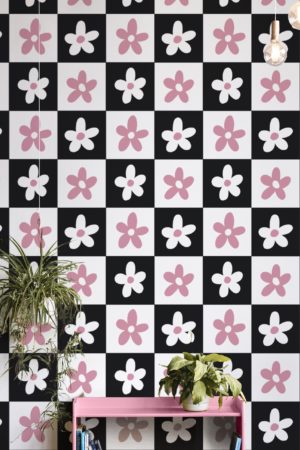 salon noir  papier peint damier floral végétal pop tendance
