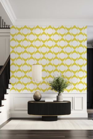 salon jaune papier peint harmonie géométrique