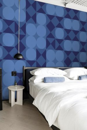 dormitorio azul papel pintado combinación geométrica círculo de diamantes