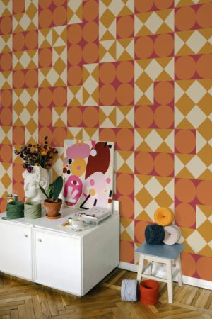 salon orange papier peint combinaison géométrique losange cercle
