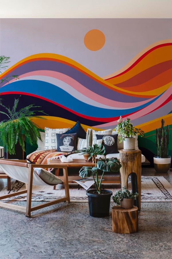 salon multicolore papier peint horizon ondulé panoramique paysage
