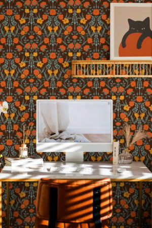 bureau orange papier peint renaissance floral revisité