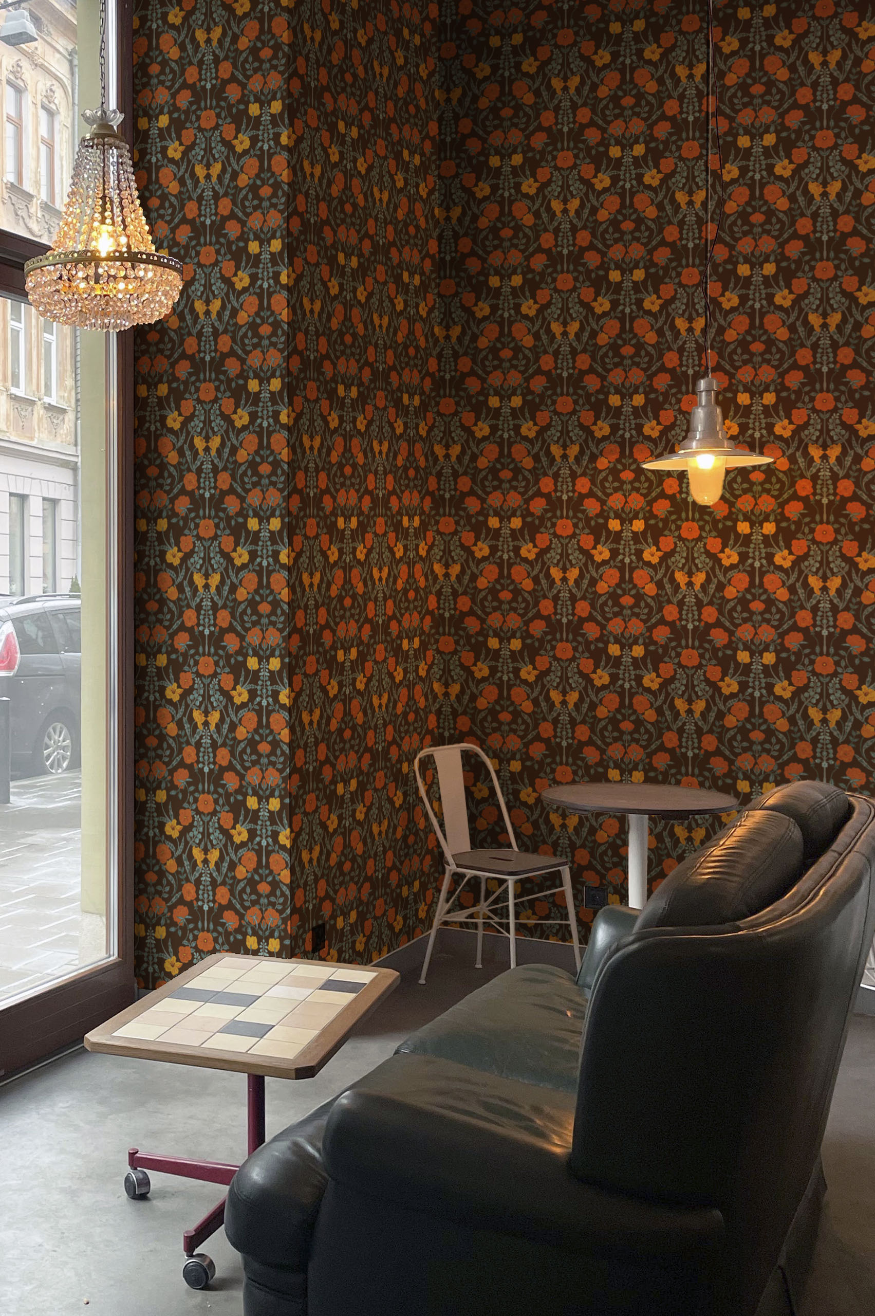 espace public orange papier peint renaissance floral revisité