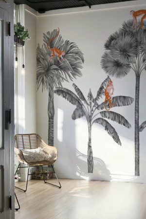 Papier peint palmier singe blanc salon
