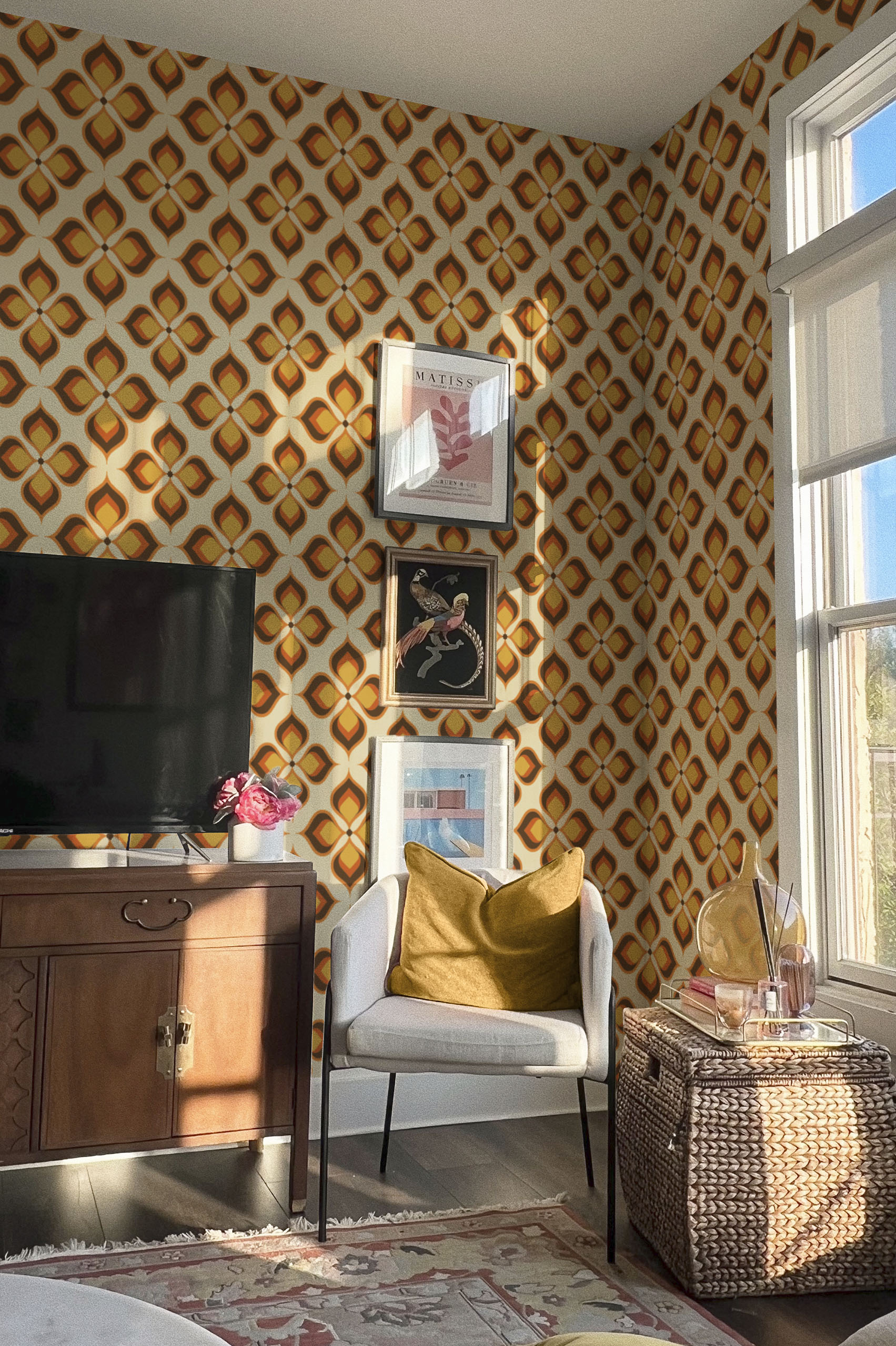 Papel pintado naranja vintage para el salón