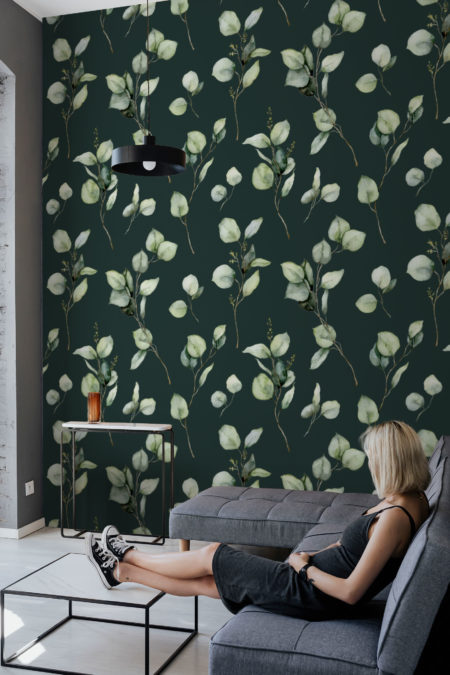 Papier peint eucalyptus vert salon
