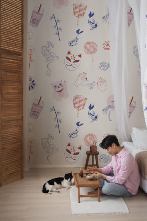 Papel pintado japonés símbolos dormitorio