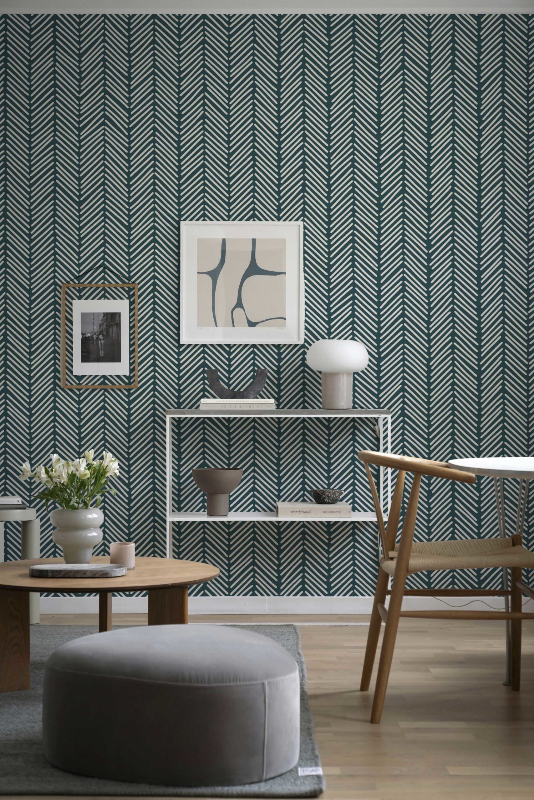 Living room green herringbone wallpaper