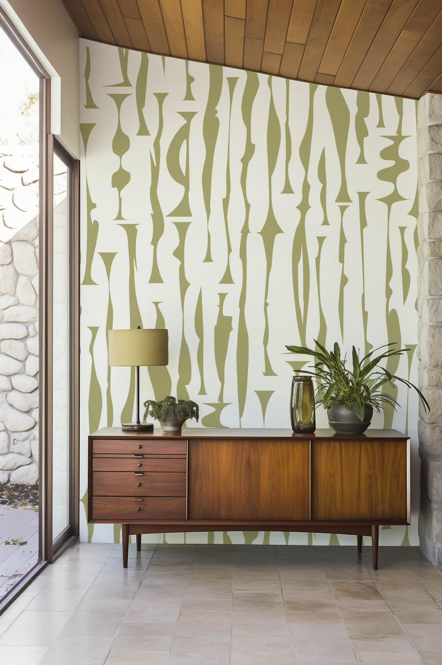 Contemporary totem wallpaper living room green