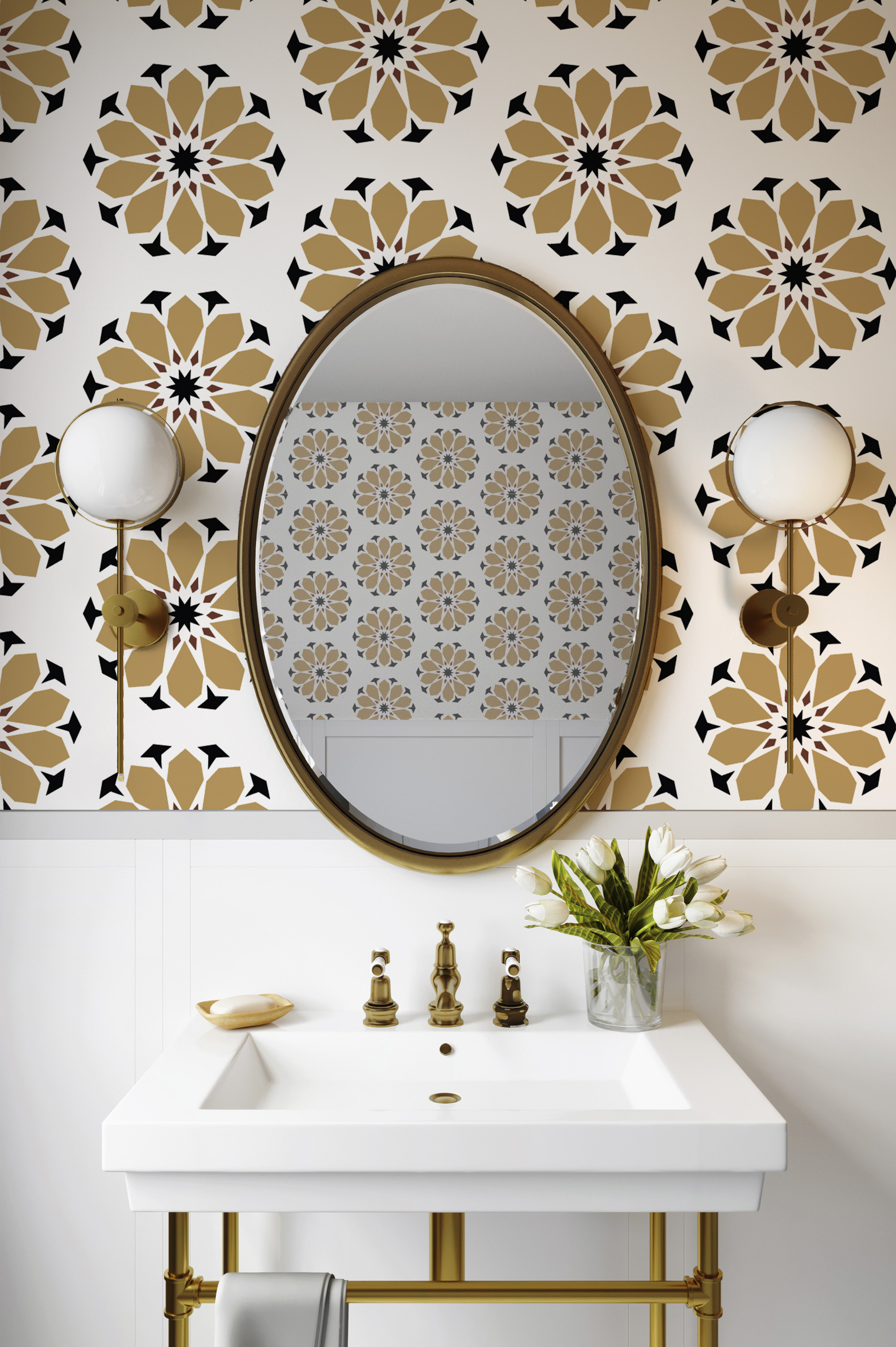 golden arabesque bathroom wallpaper