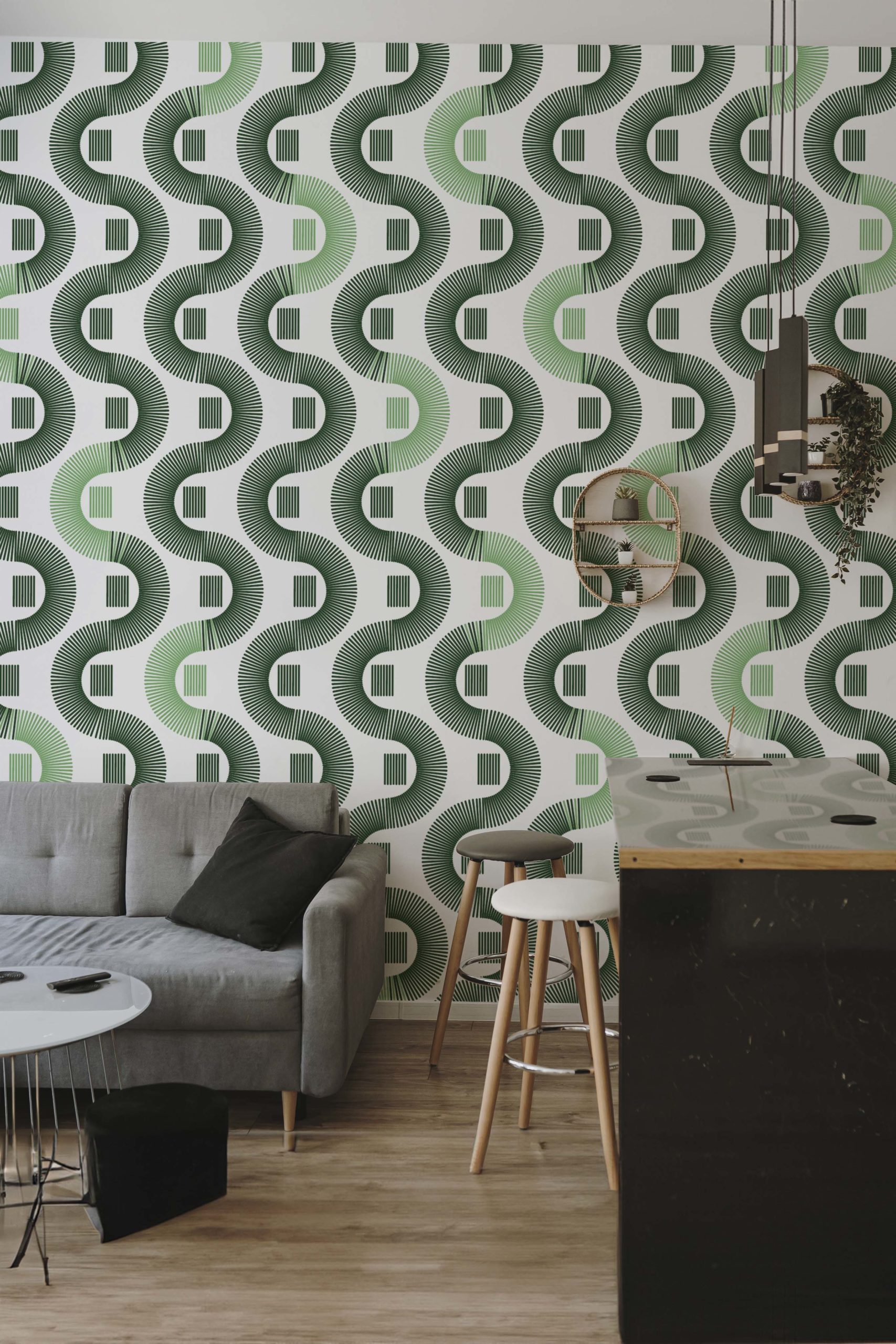 Living room green illusion wave wallpaper