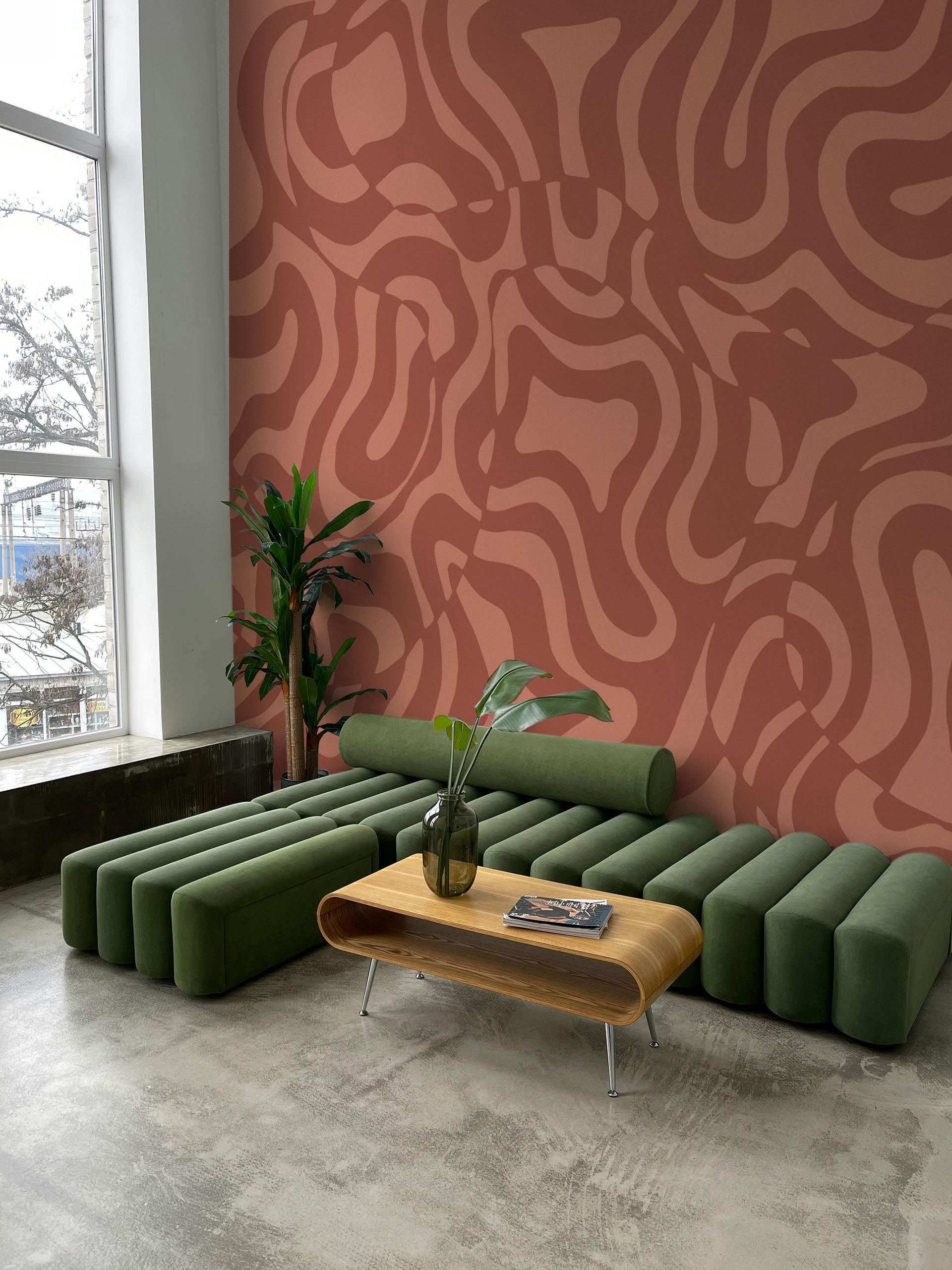 Groovy terracotta living room waves wallpaper