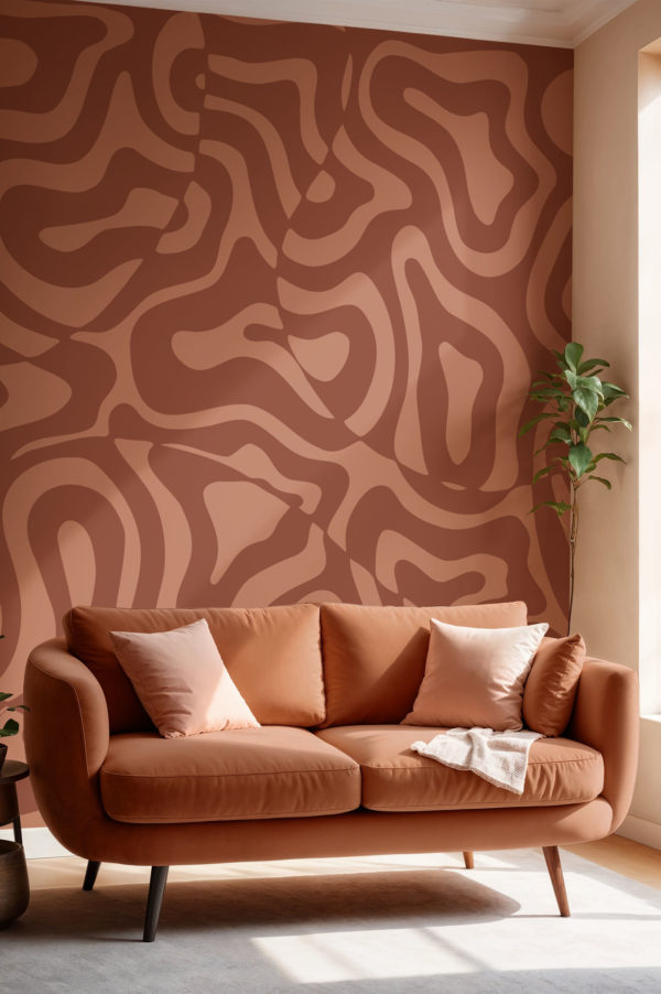 Groovy terracotta living room waves wallpaper