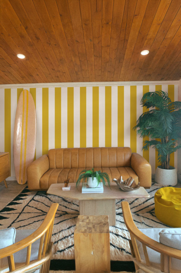 Yellow line wallpaper living room