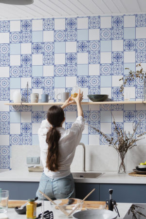 Papel pintado de mosaico de cocina azul