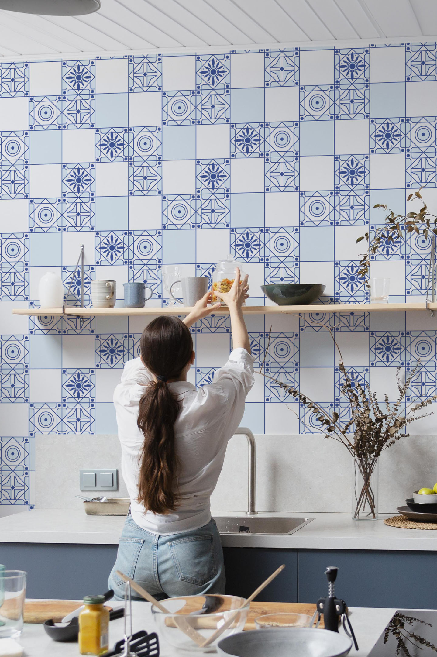 Papel pintado de mosaico de cocina azul