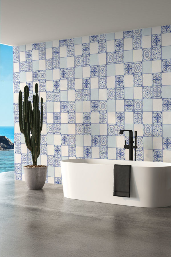 Blue mosaic wallpaper bathroom