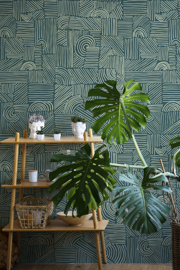 Living room green Zen lines wallpaper