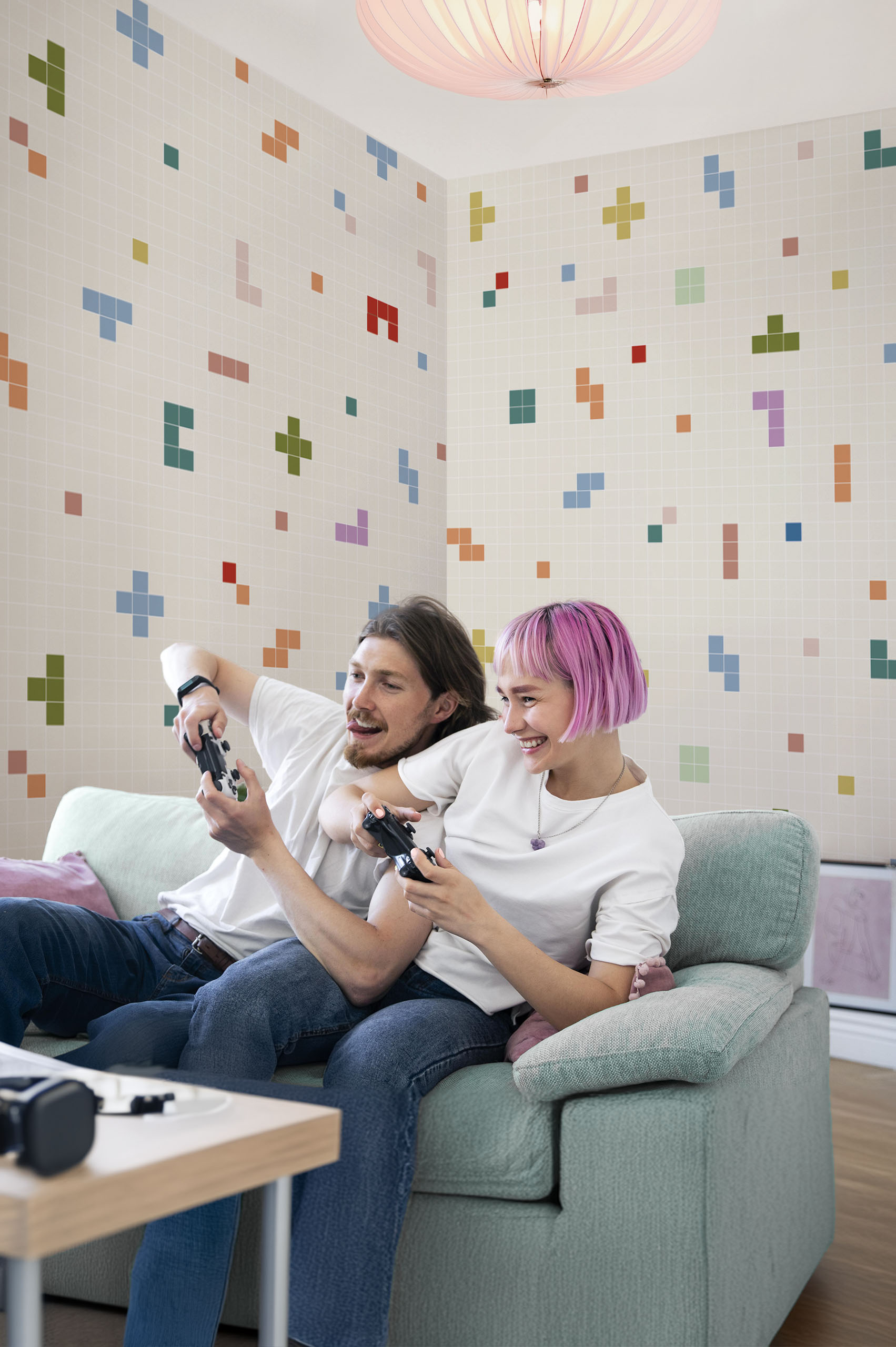 Nº608: Wallpaper – Pixel Harmony Beige – Living Room