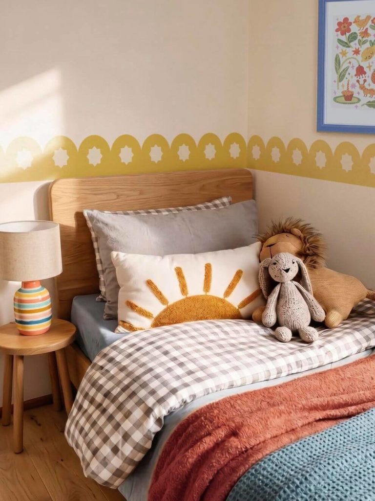 Frise Festons posée à mi-hauteur au-dessus d'un lit, dans une chambre d'enfant